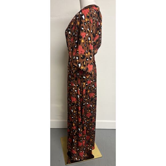 Liquorish Wrap Maxi Dress US 6 Brown Leopard Heart Print Kimono Sleeve Boho - Picture 2 of 7
